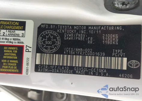 2012 Toyota Camry Xle V6 z USA, uszkodzony, nr VIN 4T1BK1FK7CU001639